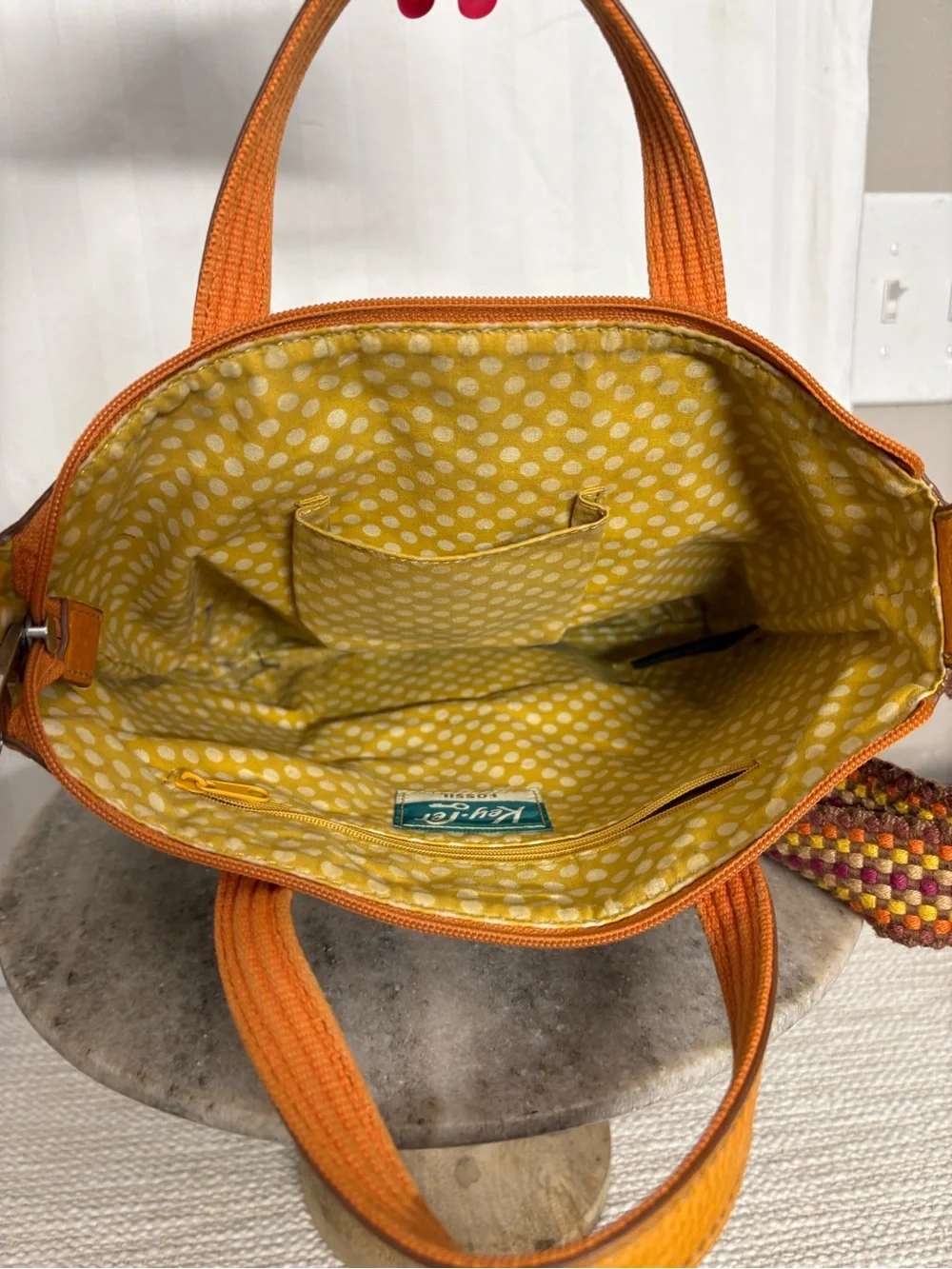 Fossil Tan Canvas Tote with Leather Trim and Multicolor Woven Strap